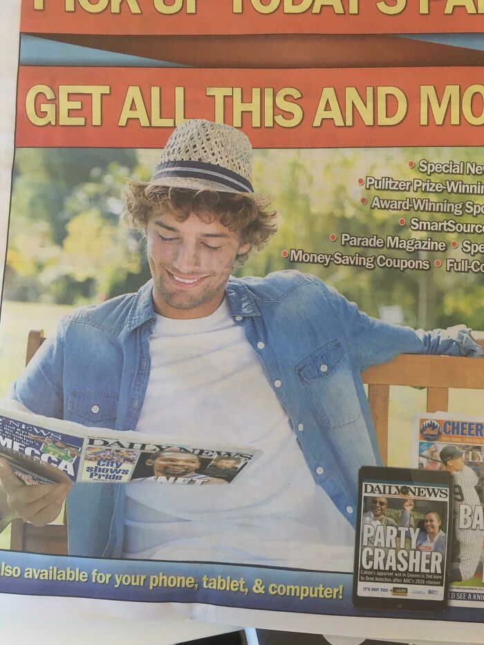 Young man in a hat reading a newspaper with visible Photoshop fails causing distorted faces and text errors in the print ad.
