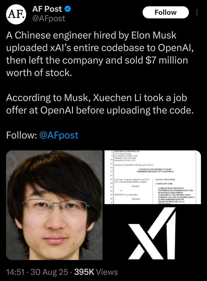 Man with glasses pictured alongside legal documents and the XAI logo in a chaotic good hacking incident.