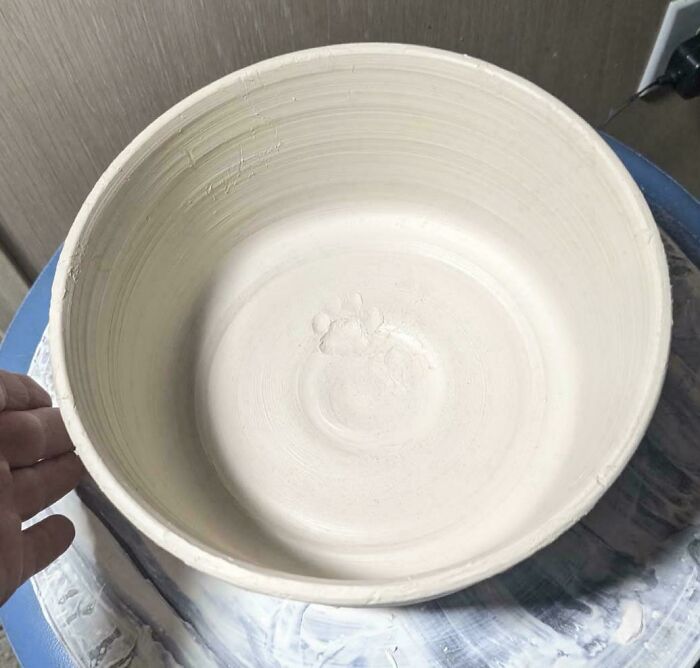 Huella de pata de gato adorable en cerámica blanca en proceso de alfarería, mostrando arte sin necesidad de maullido.
