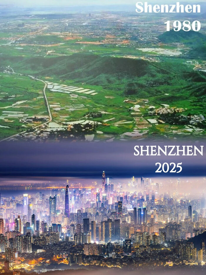Shenzhen transformation from rural land in 1980 to a sprawling modern cityscape by 2025 showing urban growth impact.
