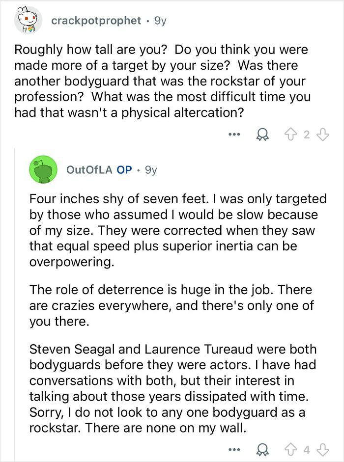 Reddit Q&A excerpt where a celebrity bodyguard discusses job challenges, size misconceptions, and deterrence role in protection.