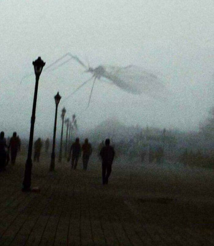 An extremely large, scary, and eerie mosquito-like creature flying over a foggy boardwalk with people.