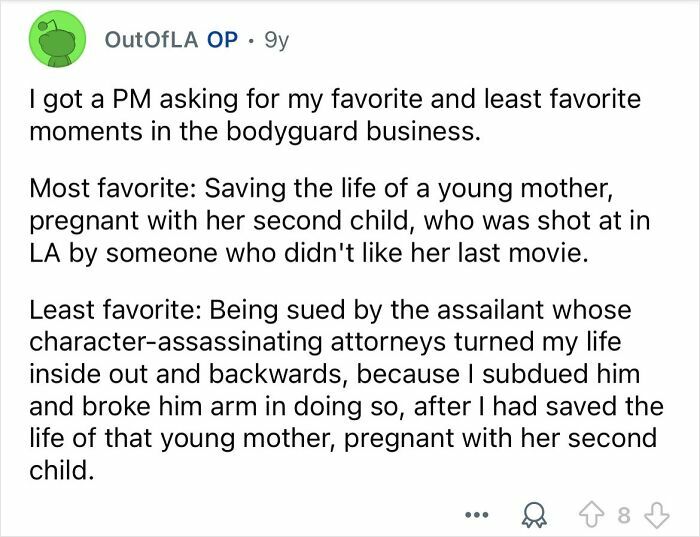 Reddit post discussing favorite and least favorite moments in the celebrity bodyguard business experiences.