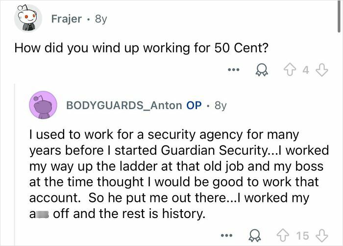 Reddit thread showing a bodyguard explaining how he started working for celebrity 50 Cent in a Q&A format.