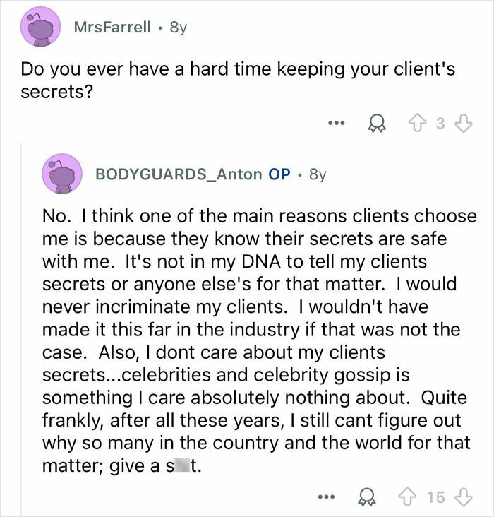 Screenshot of an online Q&A where a celebrity bodyguard explains keeping clients' secrets is key to the thankless job.