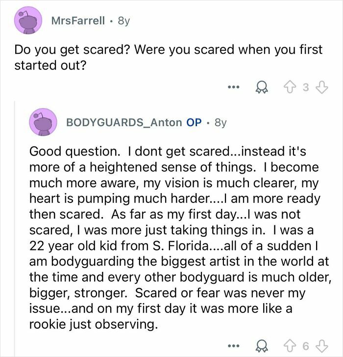 Reddit Q&A showing a celebrity bodyguard explaining his initial feelings and mindset when starting the bodyguard job.
