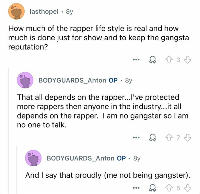 Reddit conversation where a celebrity bodyguard discusses protecting rappers and the authenticity of the rapper lifestyle.
