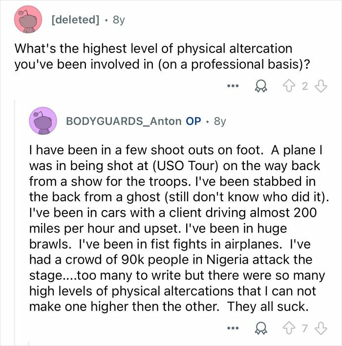 Reddit text conversation revealing the physical dangers and challenges faced by celebrity bodyguards on the job.