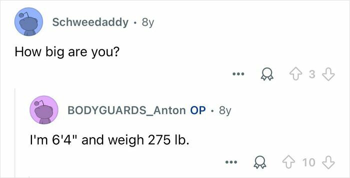 Reddit conversation where a celebrity bodyguard shares his height and weight while discussing the thankless job of bodyguards.