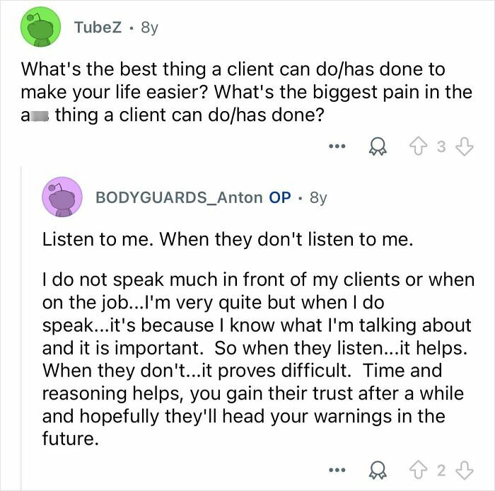 Reddit exchange showing celebrity bodyguard explaining challenges of gaining client trust and importance of being listened to on the job.