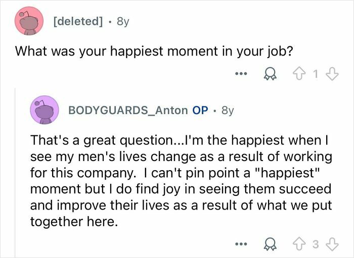 Reddit conversation where a celebrity bodyguard shares the rewarding aspects of the thankless job of protection.