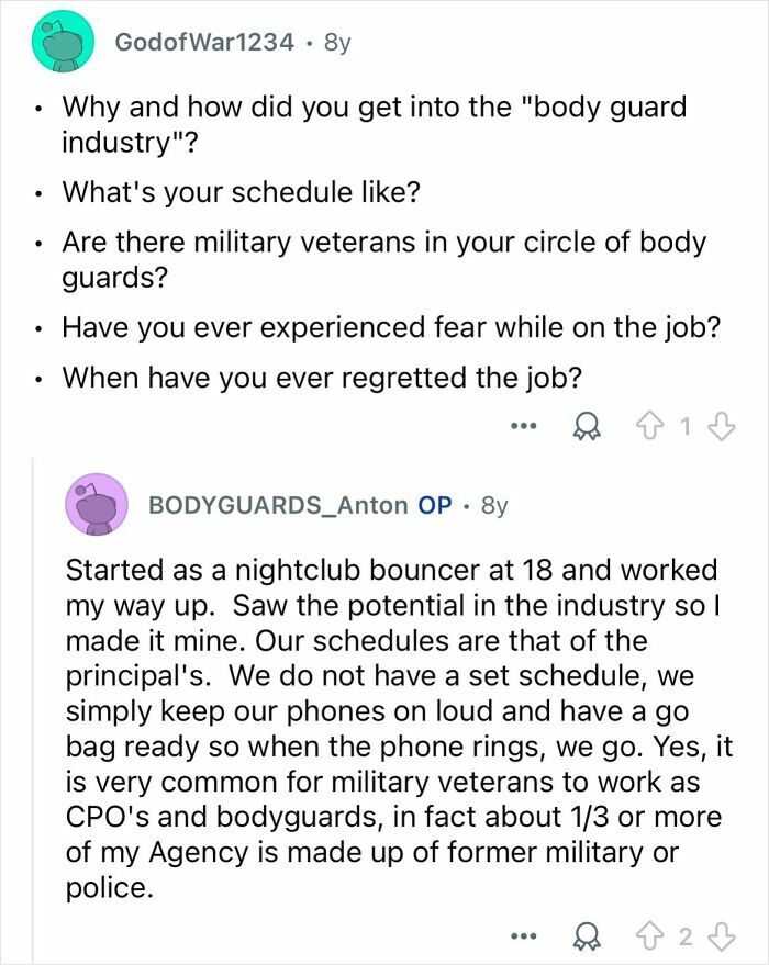 Discussion about bodyguard industry insights, schedules, and military veterans working as celebrity bodyguards.