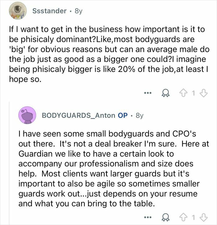 Discussion about the importance of physical size and professionalism in celebrity bodyguards’ roles and job demands.