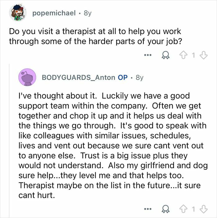 Reddit Q&A showing celebrity bodyguard discussing therapy and support for handling challenges in their demanding job.