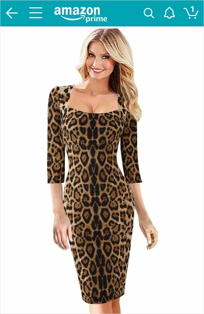Model in a leopard print dress with distorted proportions, showcasing one of the worst Photoshop fails on an Amazon product page.