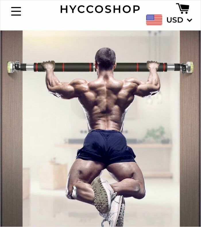 Muscular man attempting pull-up with an impossible leg position showing one of the worst Photoshop fails.