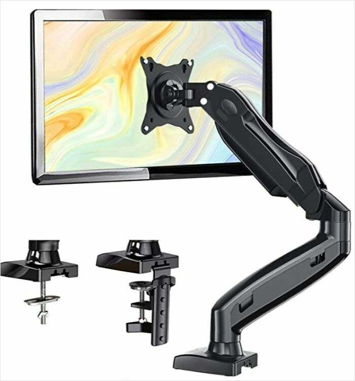 Monitor arm with adjustable joints and mounting clamps for various desk setups, illustrating common Photoshop fails.