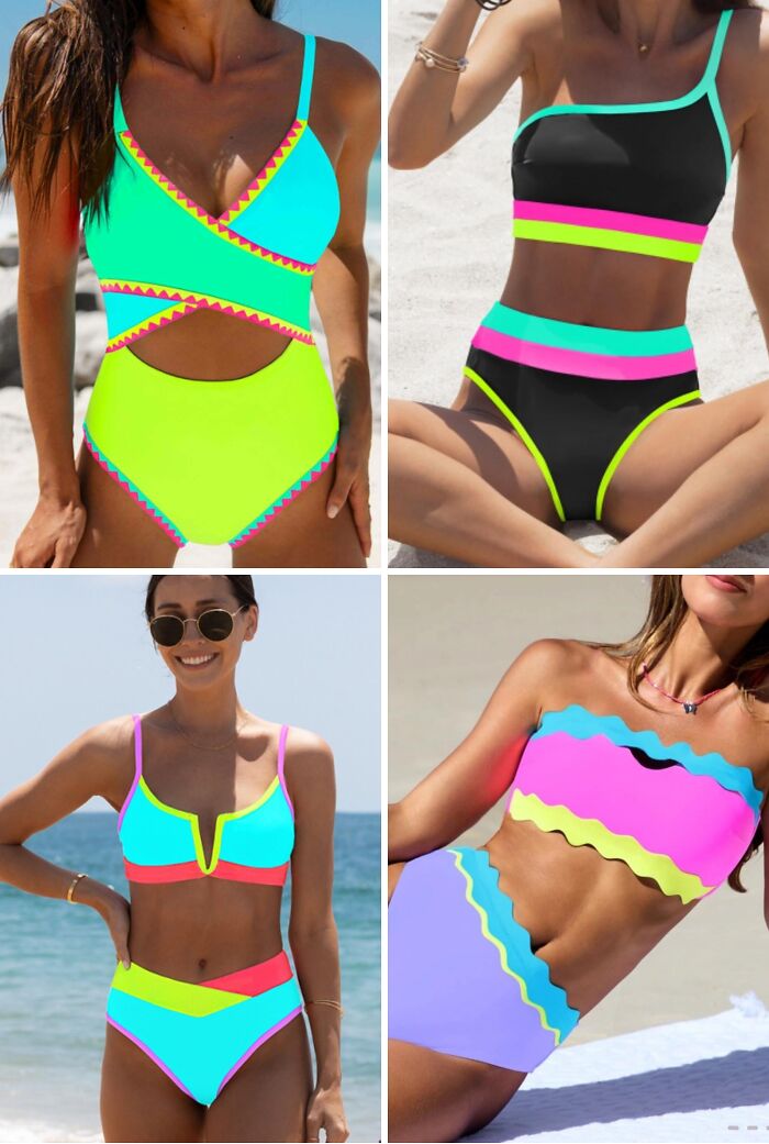 Collage of women in brightly colored swimsuits with evident Photoshop fails in body shapes and swimsuit designs.