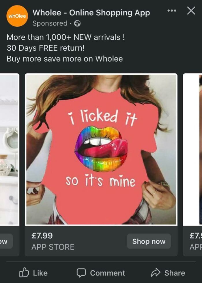 Person wearing a distorted Photoshop fail t-shirt with rainbow lips and text saying i licked it so it’s mine