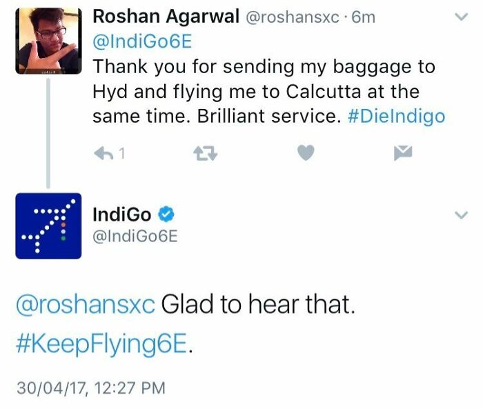 Tweet exchange showing a sarcastic social media fail with an airline's inadequate customer response.