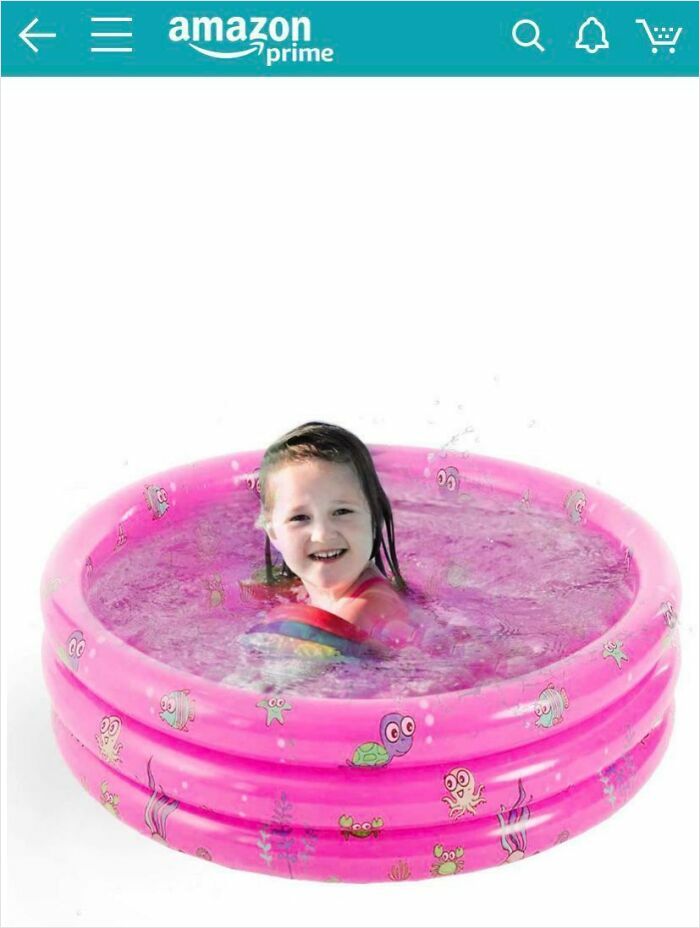 Child edited into a small inflatable pool with visible Photoshop fails creating an unrealistic and awkward image.