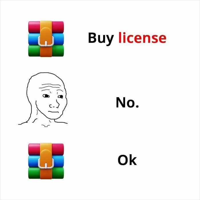 WinRAR icon and meme face refusing to buy license, showcasing funny memes programmers created when not coding.