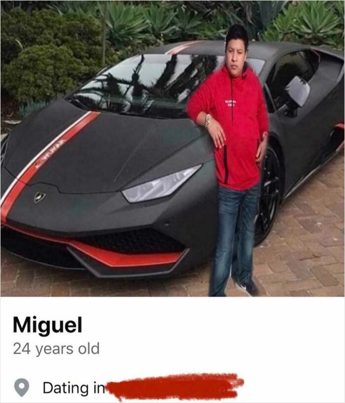 Person in a red hoodie poorly edited to appear standing in front of a luxury car, showcasing Photoshop fails humor.