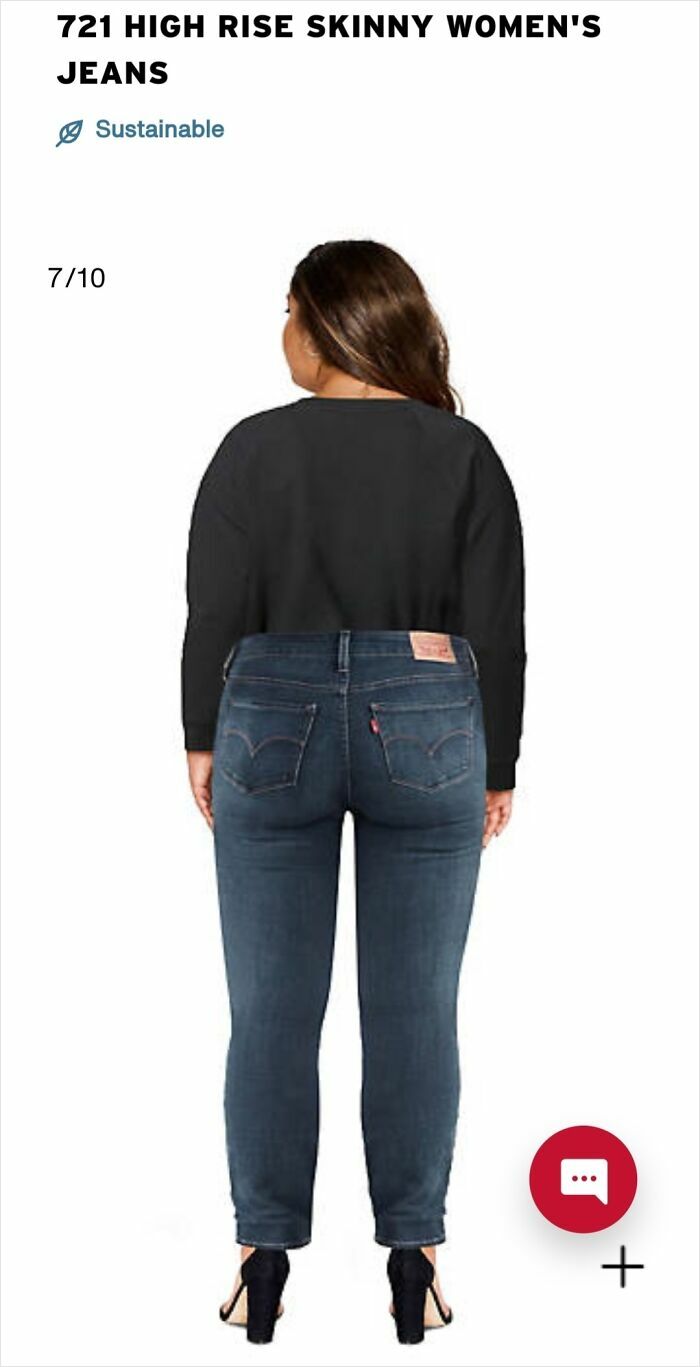 Woman wearing skinny jeans with an obvious Photoshop fail distorting her legs and back in an online shopping image.