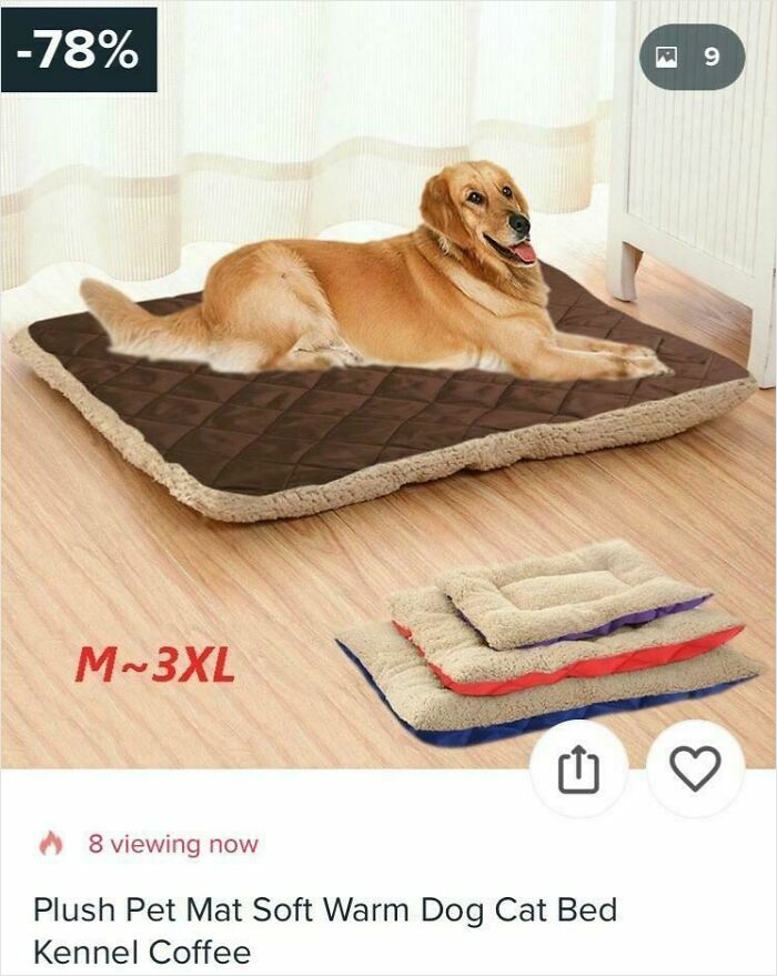 Golden retriever lying on a soft pet mat with visible Photoshop fails in a poorly edited pet bed image.