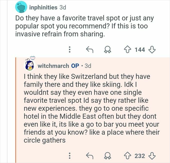 Reddit conversation where a personal assistant shares insights about billionaires' travel preferences and experiences.