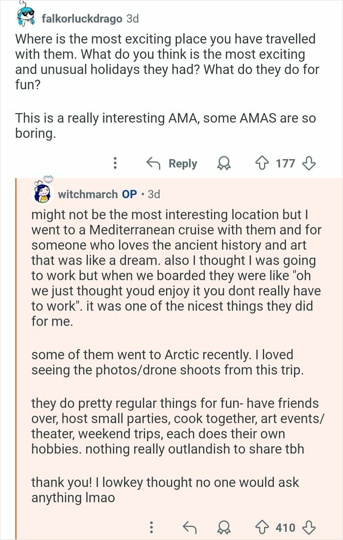 Reddit AMA discussion where a personal assistant answers questions about working for billionaires and their fun activities.