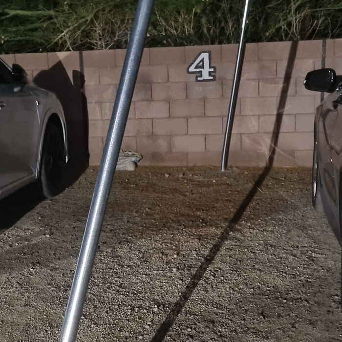 Parking space with a damaged pole leaning precariously, illustrating poor landlord maintenance in renter properties.
