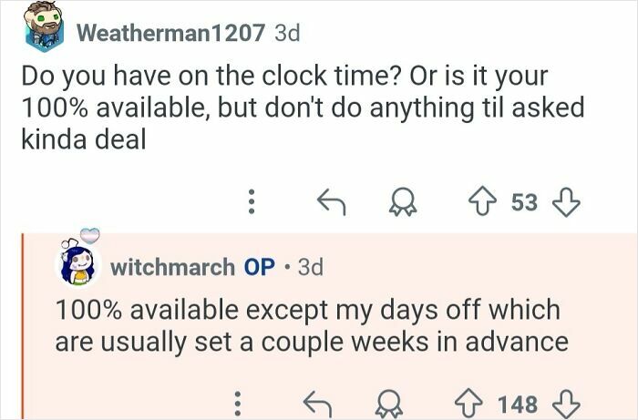 Reddit conversation showing a personal assistant explaining availability while working for billionaires.