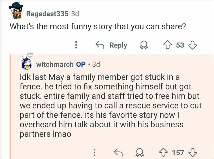 Screenshot of a personal assistant sharing a funny story about working for billionaires involving a family member stuck in a fence.