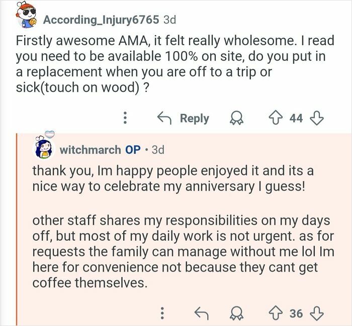 Screenshot of a personal assistant responding to questions about working for billionaires in an online AMA session.