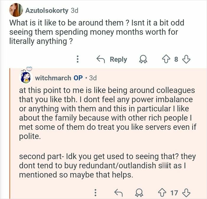 Screenshot of a personal assistant answering questions about what it’s like to work for billionaires on Reddit.
