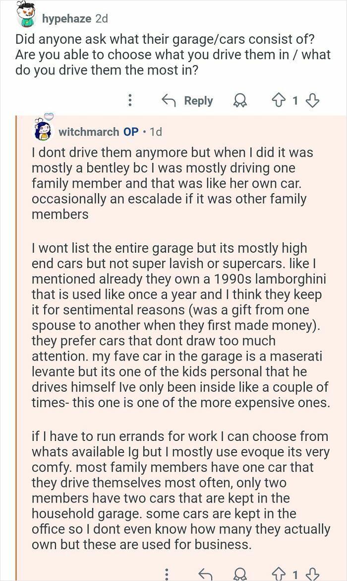 Reddit conversation about a personal assistant sharing insights on driving luxury cars for billionaires and their garage choices.
