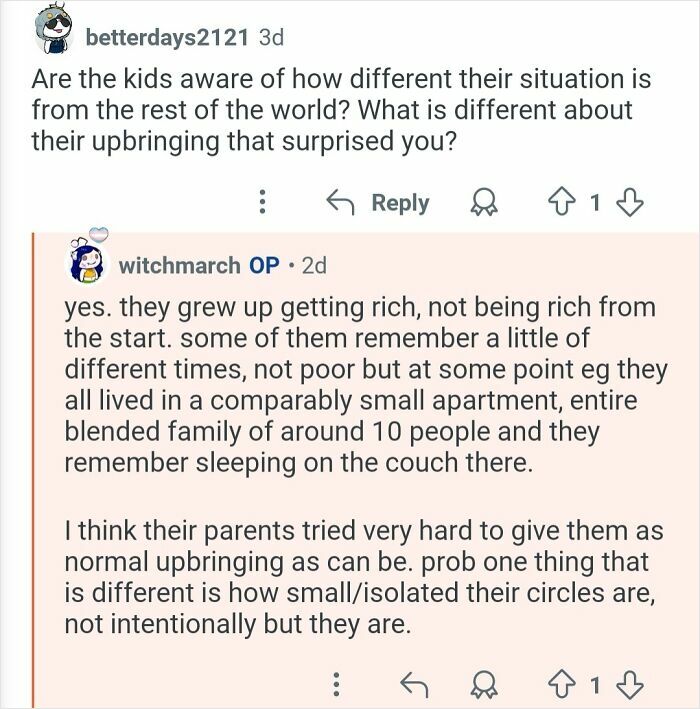 Screenshot of a Reddit conversation about the upbringing of billionaire children from a personal assistant’s perspective.