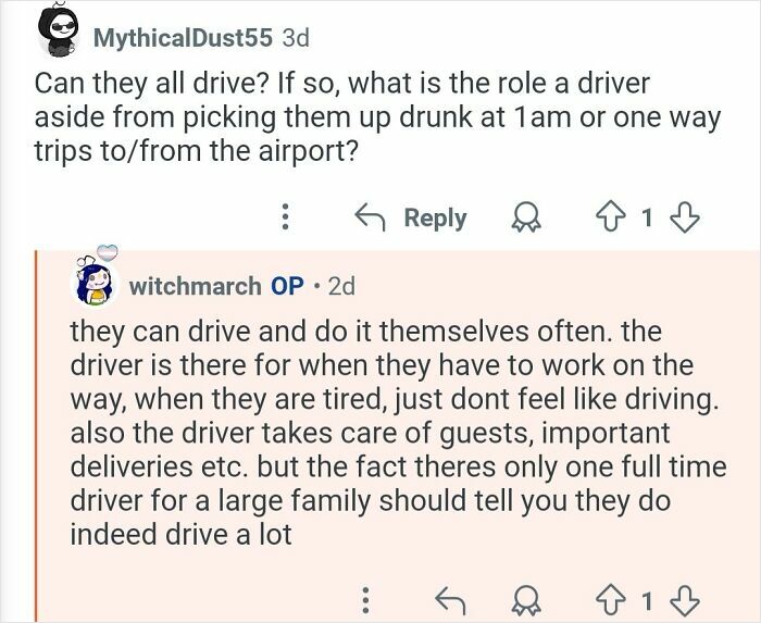 Social media discussion about drivers and duties from a personal assistant working for billionaires, revealing insider insights.