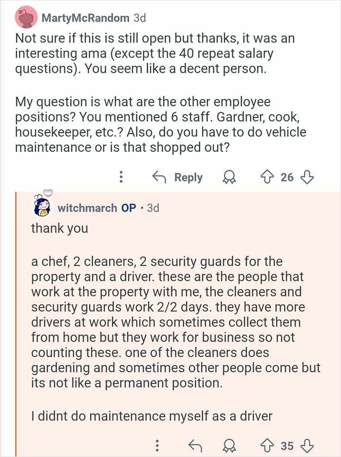 Reddit exchange showing a personal assistant detailing staff roles and duties while working for billionaires.