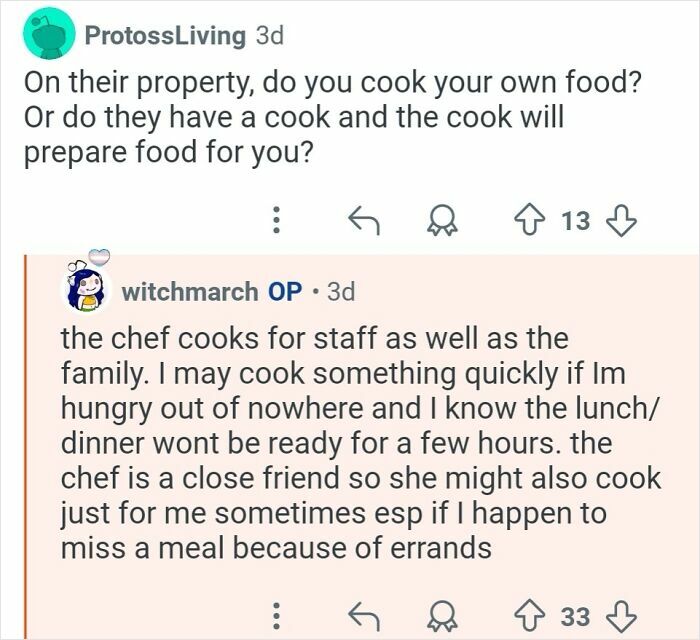 Screenshot of a Q&A about working for billionaires describing staff meals prepared by a personal chef.