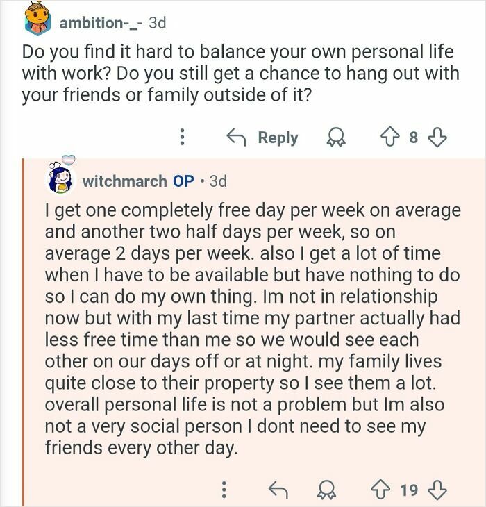 Screenshot of a personal assistant discussing work-life balance and time management while working for billionaires.