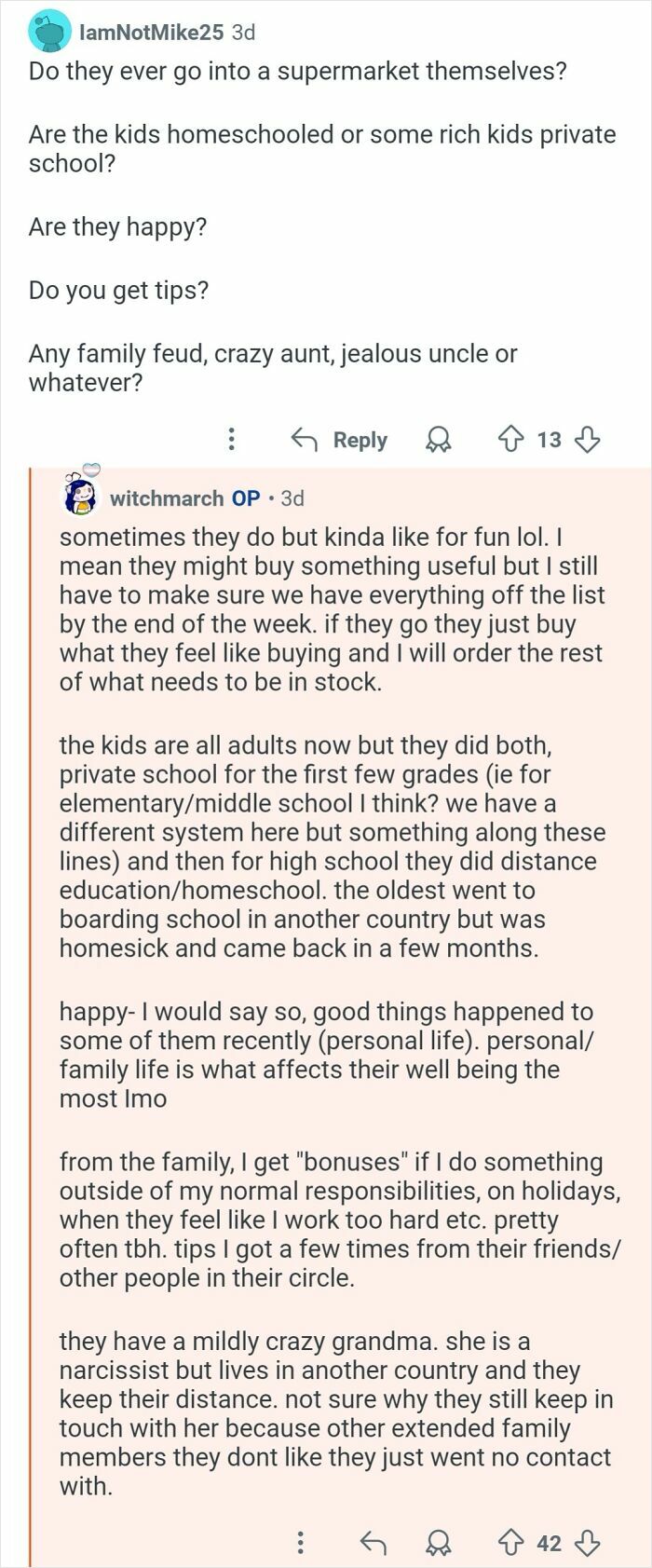 Reddit Q&A showing personal assistant answering questions about working for billionaires, family, and tips.