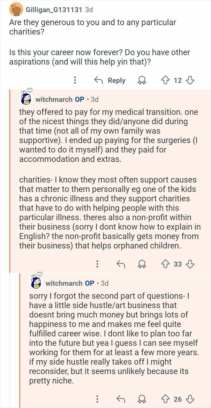 Reddit conversation with personal assistant sharing insights on working for billionaires and their charitable support.