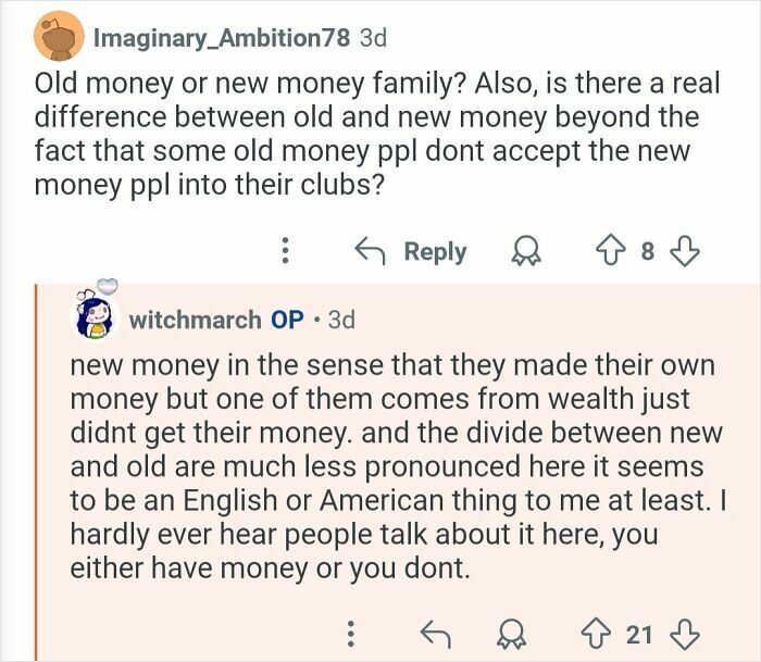 Screenshot of a conversation discussing differences between old money and new money in billionaire families.