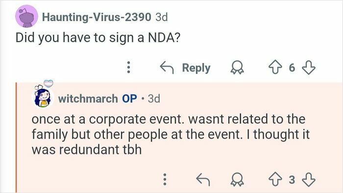 Screenshot of a Reddit conversation about signing an NDA while working as a personal assistant for billionaires.