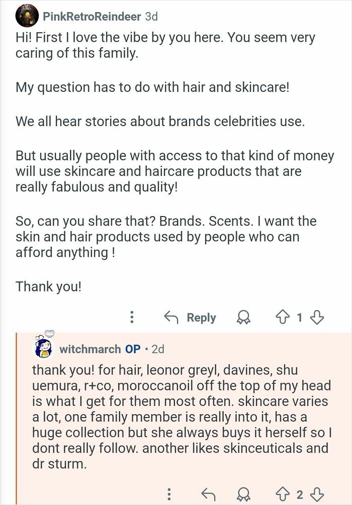 Screenshot of a personal assistant answering questions about hair and skincare used by billionaires.