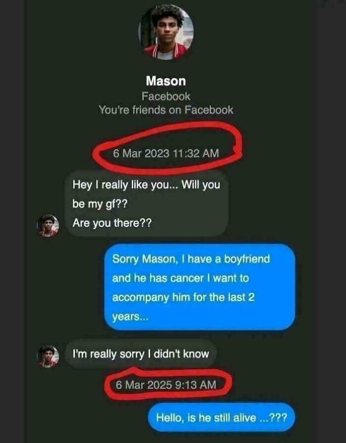 Facebook chat showing an attempt to ask someone out, but the universe had different plans two years apart.