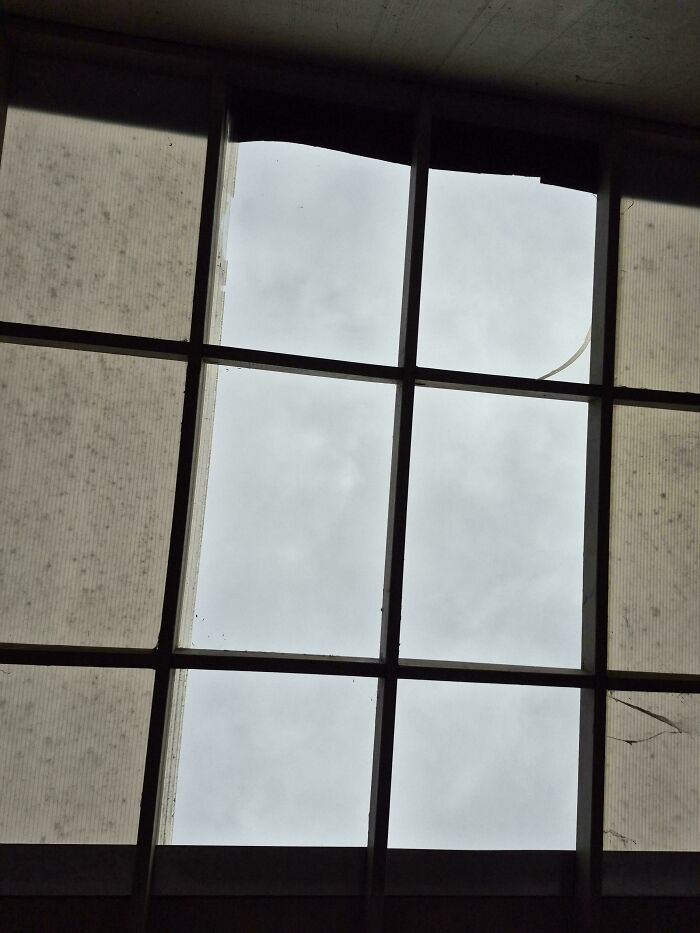 Dirty, c*****d window with damaged screen in a rental property showing poor landlord maintenance issues.