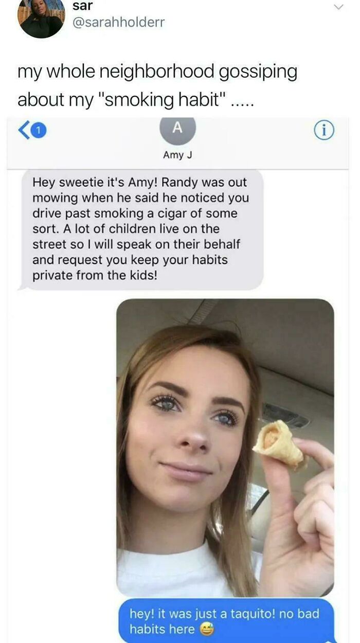 Text conversation and a woman holding a taquito, a funny example of an attempt but the universe had different plans.